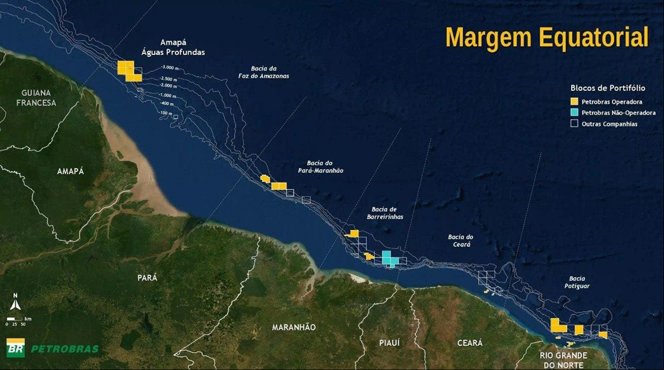Mapa do plano da Petrobras: A Margem Equatorial Brasileira, área com potencial de exploração de 14 bilhões de barris de petróleo, compreende a região litorânea do Amapá até o Rio Grande do Norte