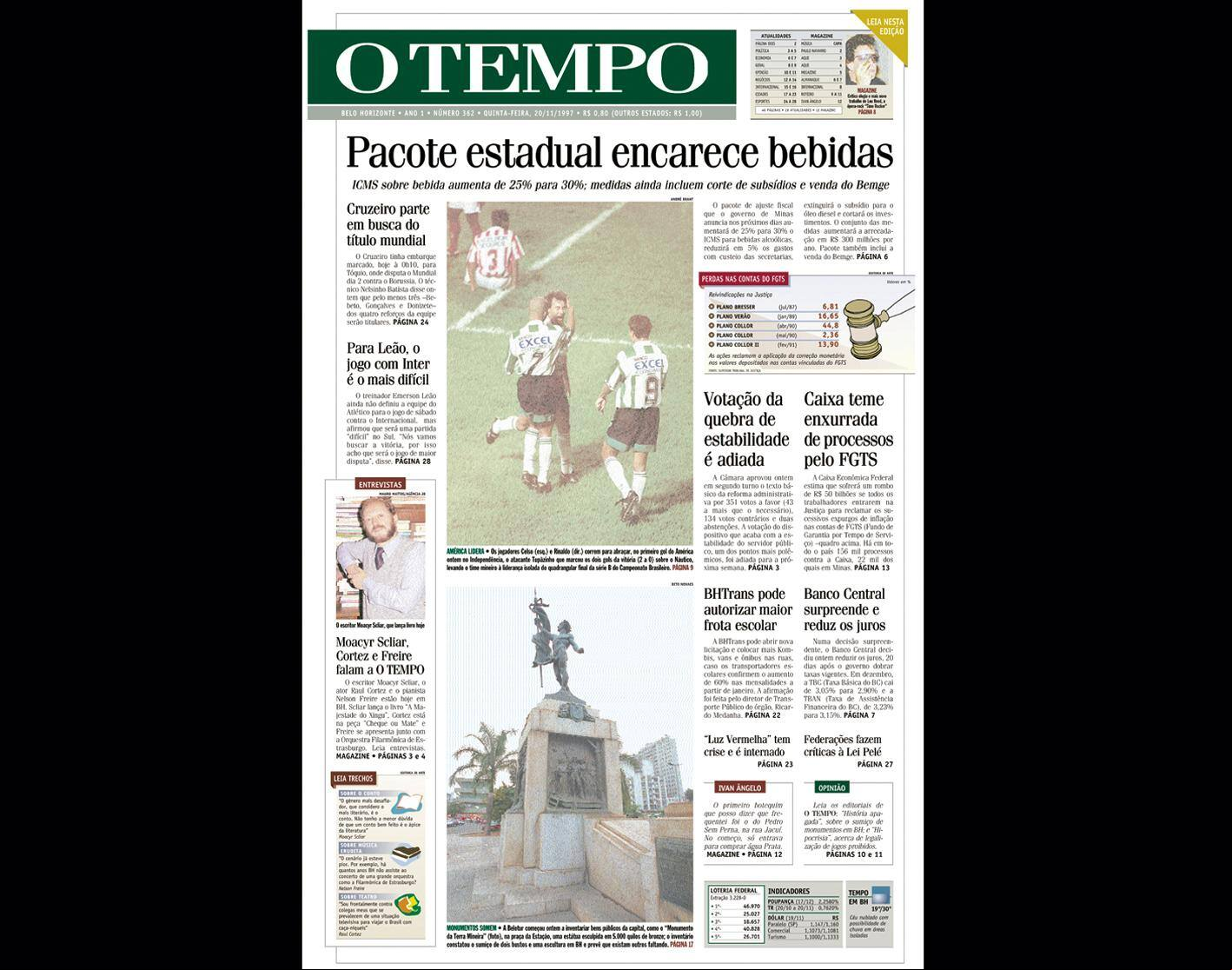 ALT Capa do jornal O TEMPO no dia 20111997; resgate do acervo marca as comemorações dos 25 anos da publicação