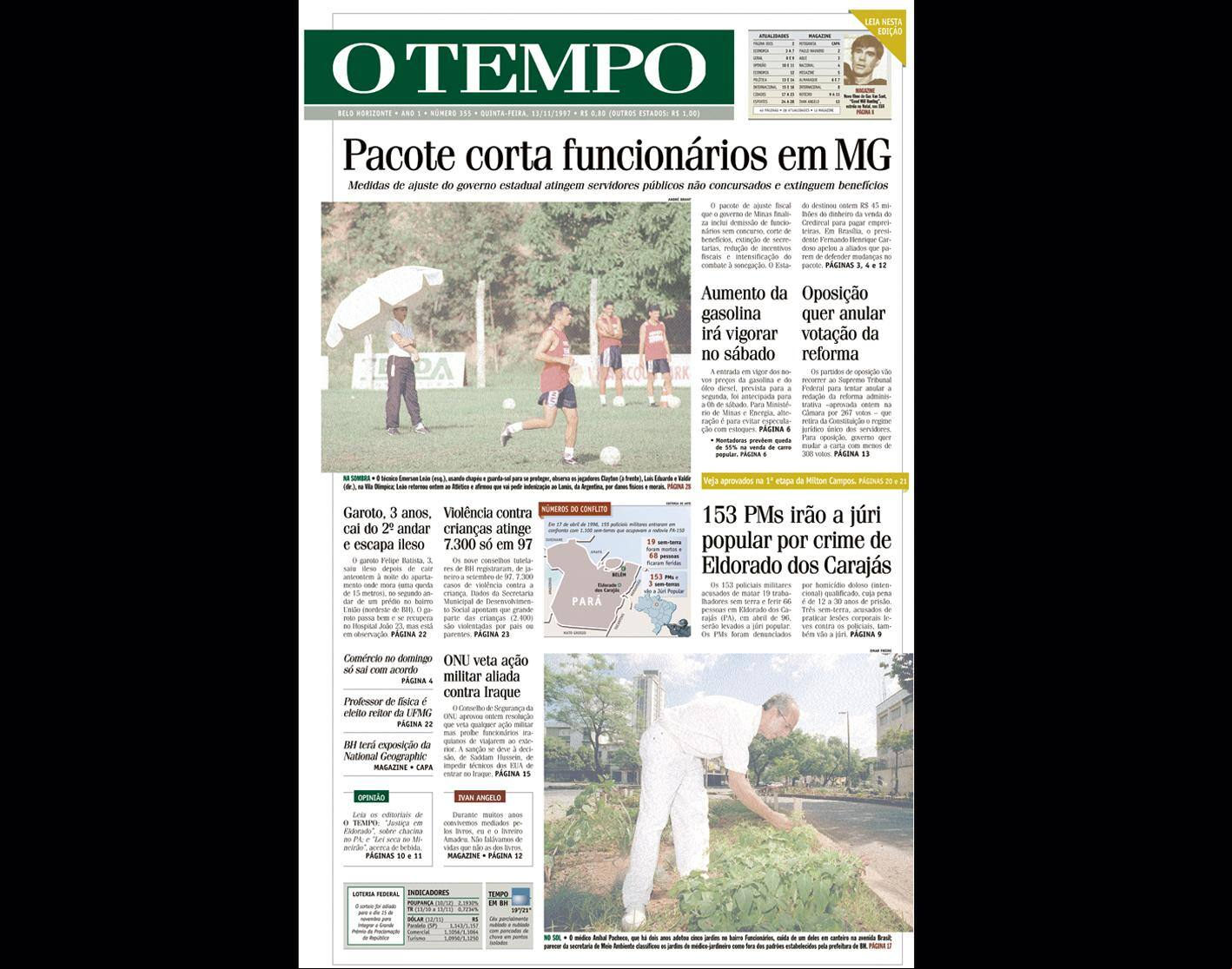 ALT Capa do jornal O TEMPO no dia 13111997; resgate do acervo marca as comemorações dos 25 anos da publicação