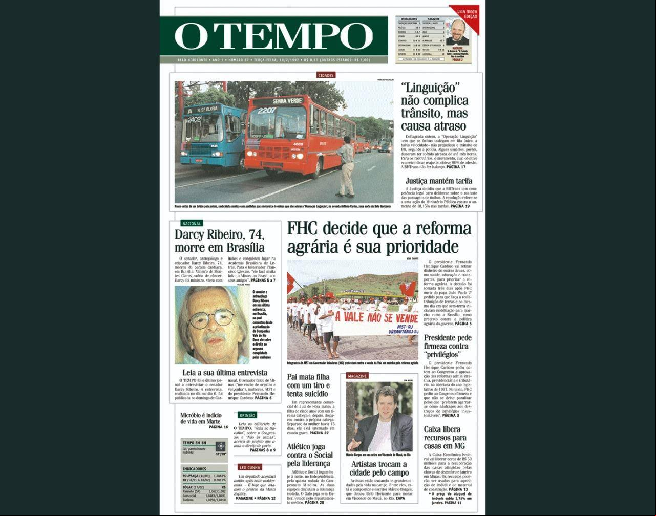 Capa do jornal O TEMPO no dia 1821997; resgate do acervo marca as comemorações dos 25 anos da publicação
