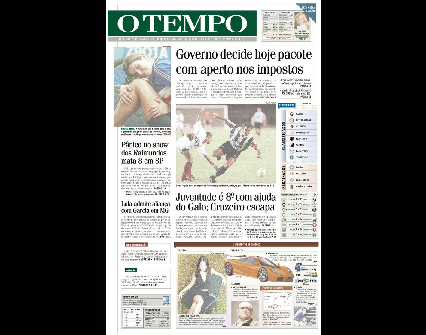 Capa do jornal O TEMPO no dia 9111997; resgate do acervo marca as comemorações dos 25 anos da publicação
