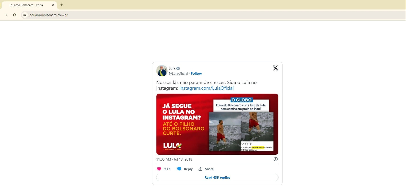 O site de Eduardo Bolsonaro agora conta com uma publicação antiga feita pelo presidente Luiz Inácio Lula da Silva (PT).
