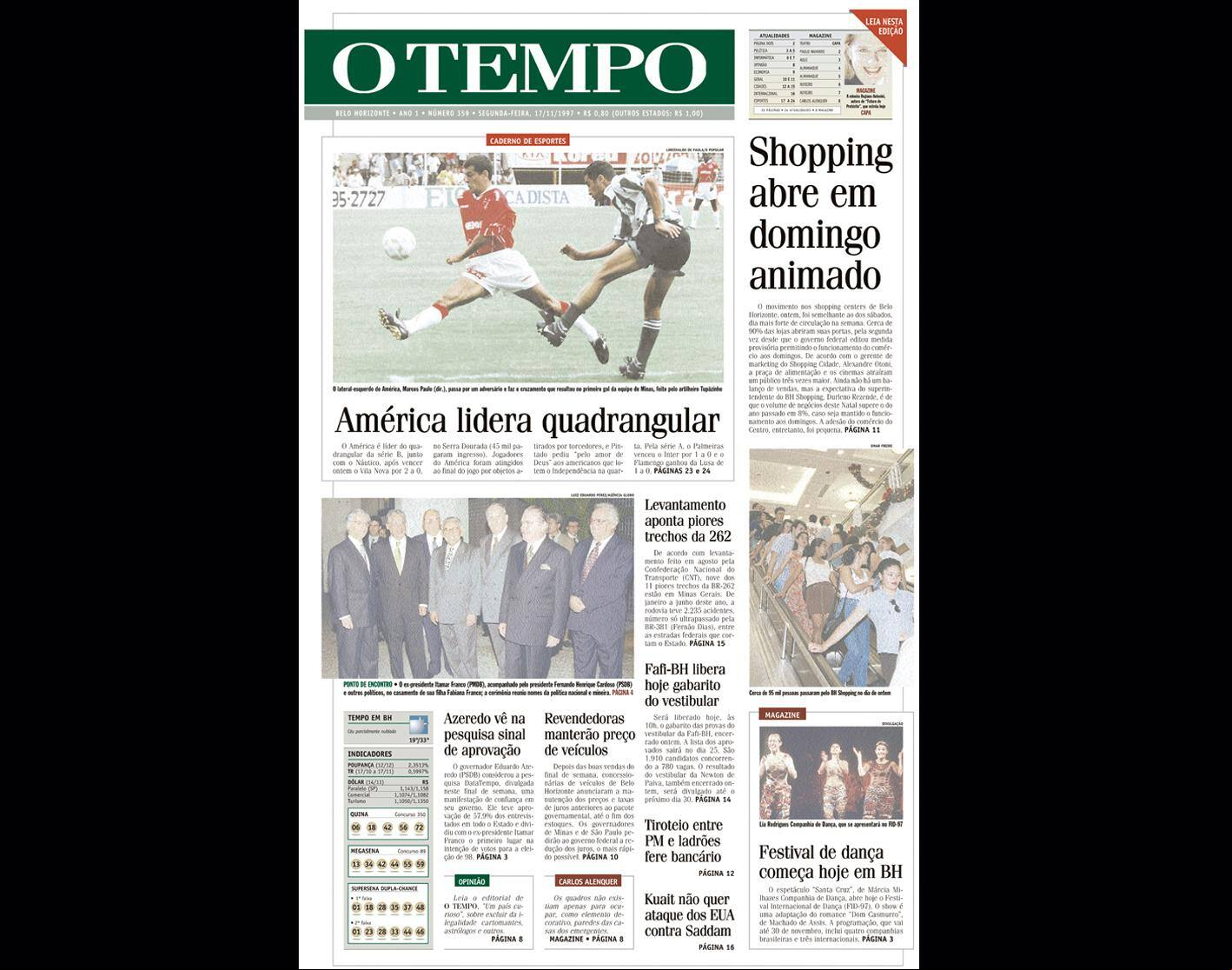 ALT Capa do jornal O TEMPO no dia 17111997; resgate do acervo marca as comemorações dos 25 anos da publicação